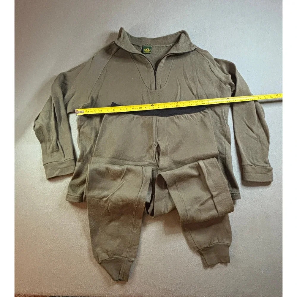VTG Cabelas Mens XL Thermal Underwear Set Fleece Quarter Zip Pants Brown USA
